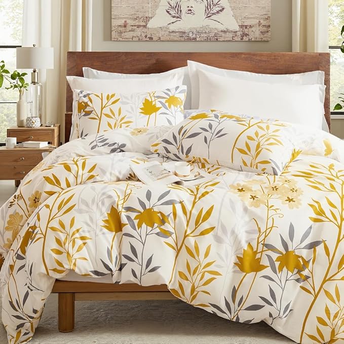 100% Cotton Duvet Cover Set King Size, Yellow Floral Bedding Set 3 Pcs Reversible Lightweight Comforter Cover for All Season(King, Yellow Botanical)