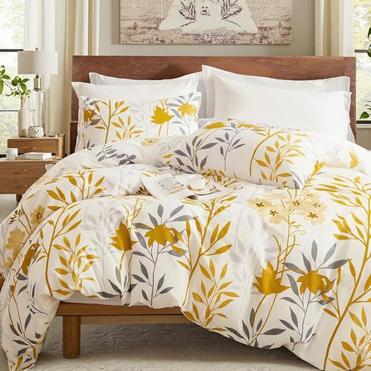 100% Cotton Duvet Cover Set King Size, Yellow Floral Bedding Set 3 Pcs Reversible Lightweight Comforter Cover for All Season(King, Yellow Botanical)