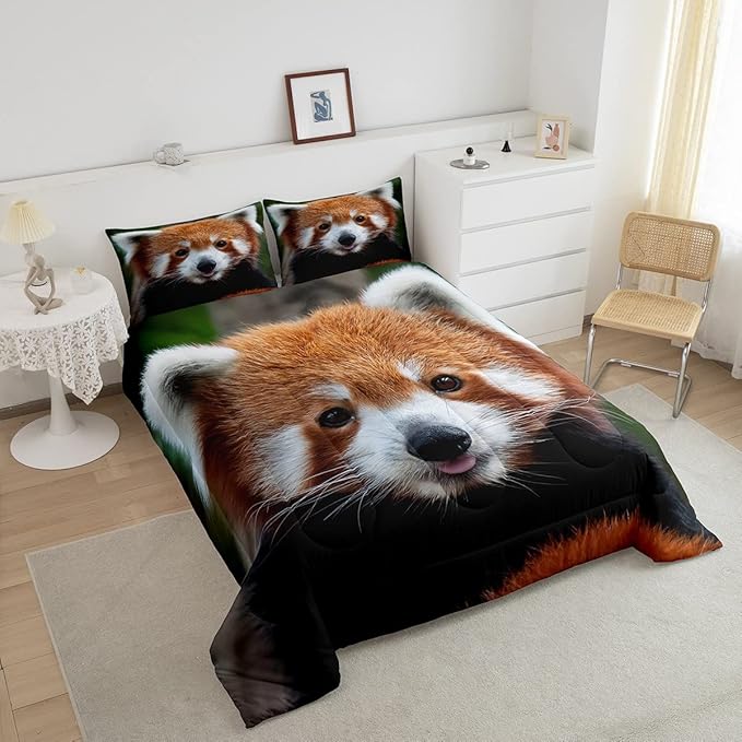 Feelyou Red Panda Comforter Bed Set Cute Panda Bedding Set for Kids Boys Girls Wild Animal Decor Comforter Set Jungle Wildlife Style Quilt Set Bedroom Collection 3Pcs Queen Size