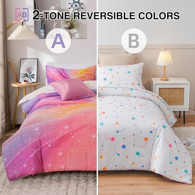 A Nice Night 6Pcs Swirling Stars Gradient Glitter Comforter Set for Girls Full Size, Colorful Rainbow Galaxy Comforter Set, Ultra Soft Bedding Sets (Purple-Pink, Full 6Pcs)