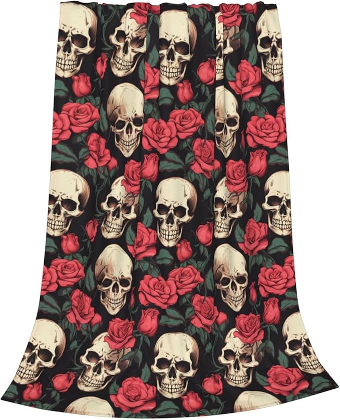 Skull Flower Rose Blanket Gifts for Adults Women Men Gothic Skull Skeleton Flannel Throw Blankets Soft Fuzzy Lightweight for Home Decor Couch Bed Sofa 80x60 Inches