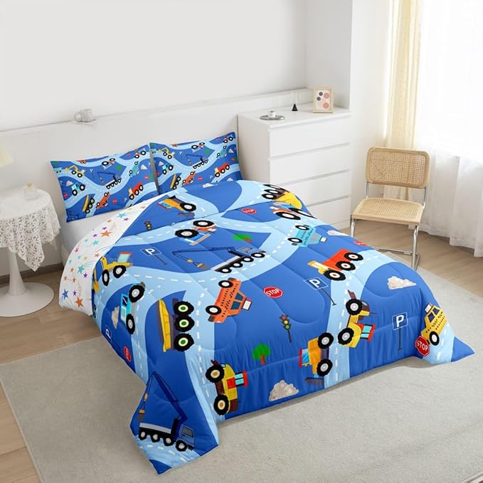 Feelyou Construction Comforter Set Toddler Size Equipment Trucks Bedding Set for Kids Boys Girls Excavator Tractor Duvet Quilt Construction Vehicles Bedroom Decor Yellow Red2 Pcs with 1 Pillow Cases