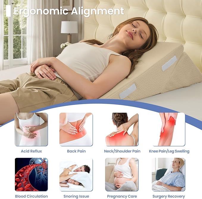 Sasttie Wedge Pillow for After Surgery, Adjustable Bed Wedge Pillow Headboard for Acid Reflux, Sleeping, Neck & Back Support, with Removable Cover, Beige