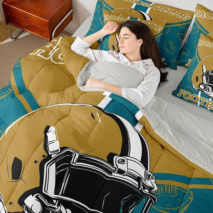Feelyou Football Comforter Set with Sheets 7 Piece King Size Ball Games Bed in a Bag Kids Boys Girls Rugby Bedding Set City of Footballs Bedroom Decor Rugby Sports