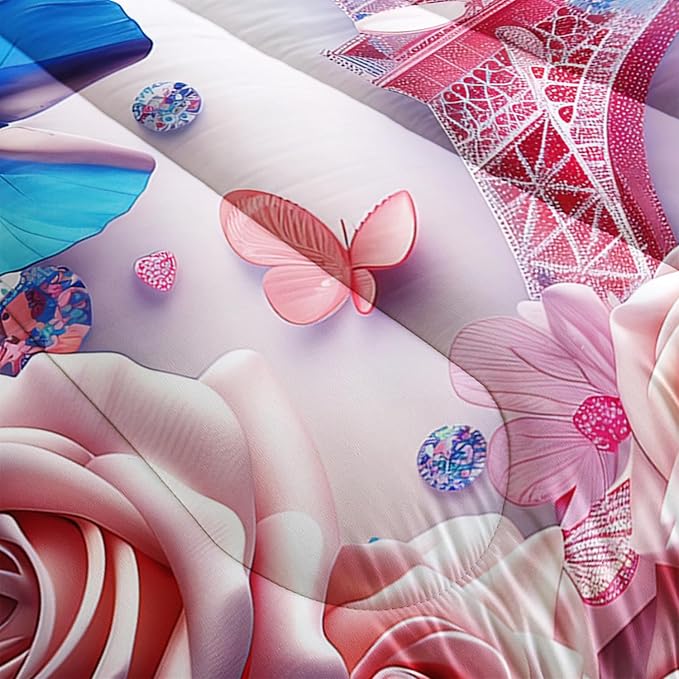 Paris Eiffel Tower Comforter 3Pcs Blue Butterfly Bedding Queen Rose Flower Bedding Set for Kid Teen Girl Boy Adult Bed Decor Colorful Diamonds Quilt with 1 Comforter and 2 Pillowcases