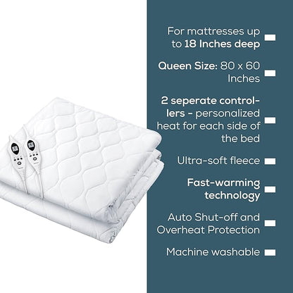Beurer UWB70 Heated Mattress Pad Queen, Dual Control Electric Mattress Cover with Separate Feet/Body Heat, Auto Shut Off, 9 Warming Levels, Overheat Protection, and Soft Quilted Fabric, 60" x 80"