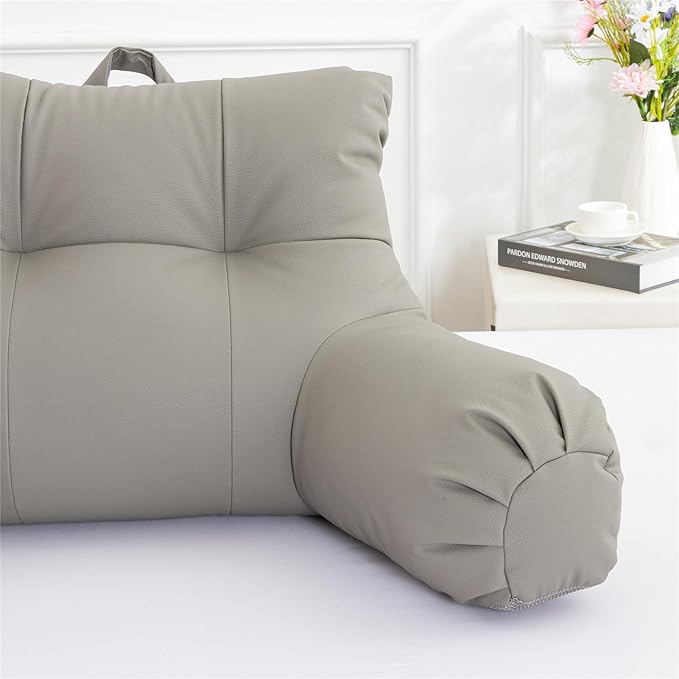 A Nice Night Faux Leather Reading Pillow for All Season,Wedge Bedrest Pillow Backrest with Arms Back Support for Sitting Up in Bed/Couch,Grey