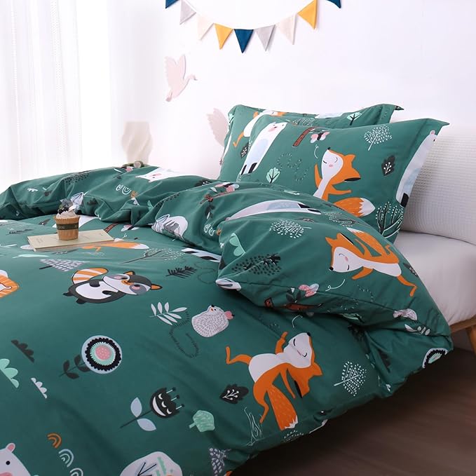 JSD Green Forest Animal Kids Duvet Cover Set Queen Size, 3 Piece Soft Printed Microfiber Comforter Cover with Pillow Sham Zipper Closure, Comforter Not Included