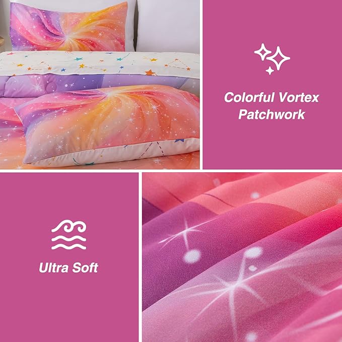 A Nice Night 6Pcs Gradient Glitter Whirling Bedding Set for Girls, Colorful Rainbow Swirling Galaxy Comforter Set, Ultra Soft Bedding Sets (Purple-Pink, Queen 6Pcs)