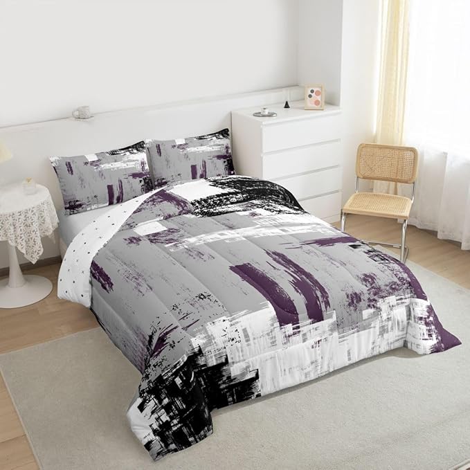 Feelyou Abstract Bedding Set Kids Modern Abstract Art Comforter Set Purple Grey Black Comforter for Boys Room Decor Lightweight Retro Duvet Set King Size with 2 Pillow Case