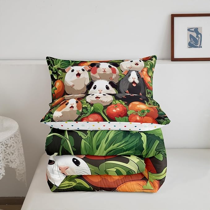 Guinea Pig Bedding Set King Size Fresh Vegetables Comforter Set for Girls Boys Room Decor Kawaii Cartoon Animal Down Comforter Cute Guinea Pigs Quilt Set with 2 Pillowcases