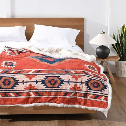 Luxury Plush Faux Fur Throw Blanket with Aztec Pattern, Super Warm, Fuzzy, Elegant, Fluffy Decoration Blanket for Couch, Armchair, Sofa and Bed, 60''x 80'', Red