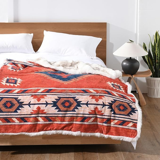 Luxury Plush Faux Fur Throw Blanket with Aztec Pattern, Super Warm, Fuzzy, Elegant, Fluffy Decoration Blanket for Couch, Armchair, Sofa and Bed, 50''x 60'', Red