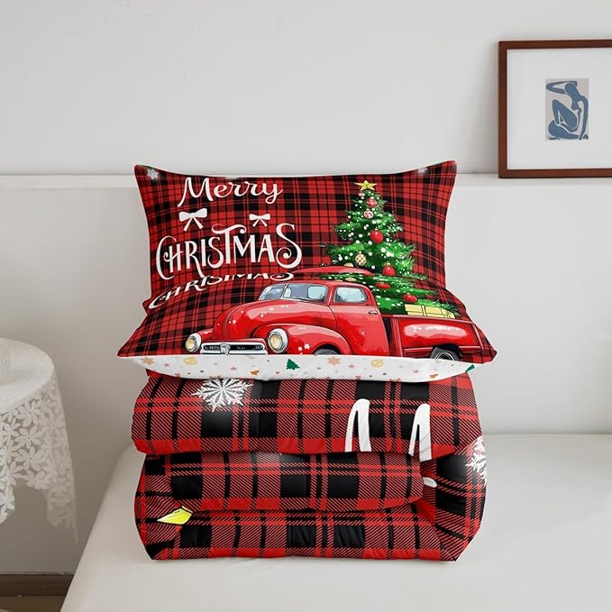 Erosebridal Christmas Comforter Set for Men & Women - Merry Christmas Truck Duvet Insert, Black & Red Grid Checkered Down Comforter with 2 Pillowcases - Warm & Cozy for Holidays