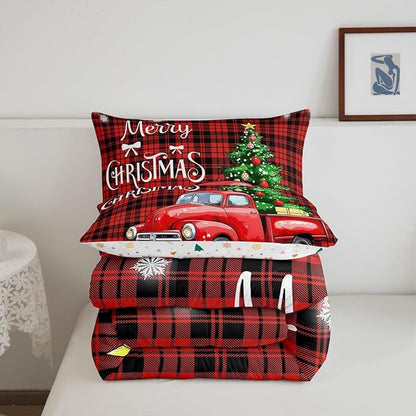 Erosebridal Christmas Comforter Set for Men & Women - Merry Christmas Truck Duvet Insert, Black & Red Grid Checkered Down Comforter with 2 Pillowcases - Warm & Cozy for Holidays