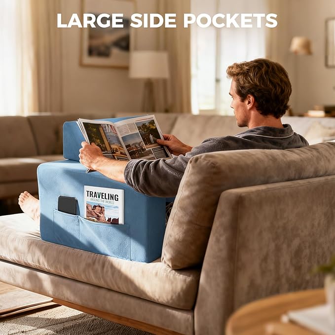 Reading Pillow for Gaming Lap Desk Pillow for Laptop with Pocket Foldable Memory Foam Bed Desk for Reading Working Crocheting Gaming Arm Rest on Bed/Sofa/Floor/Couch/Car (Blue Foldable)