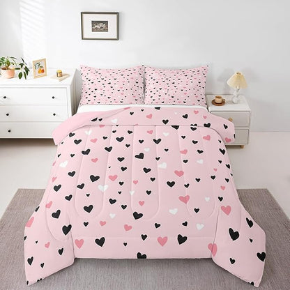 Feelyou Heart Bedding Set Toddler Size Soft Love Comforter Set for Kids Boys Girls Decor Kawaii Comforter Microfiber Pink Duvet Set