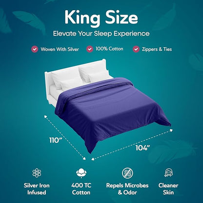 Sleepgram Supima Machine Washable 400 Thread Count Cotton Silver Ion Infused Luxury Zippered Duvet Cover with Travel Bag, King, Violet