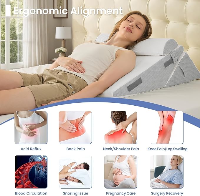 Sasttie Wedge Pillow Set for After Surgery, 2PCS Adjustable Bed Wedge Pillow Headboard with Memory Foam Neck Cushion – for Acid Reflux, Sleeping, Neck & Back Support, Light Grey & White