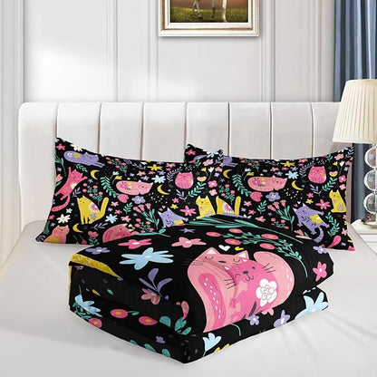 QOOMO Floral Cat Comforter Full Size,Black Cats Bedding Set for Kids Teens Girls,3Pcs Bedding Set Printed Comforter with 2 Pillowcases,Down Alternative,Soft and Lightweight(Black，Full Size)