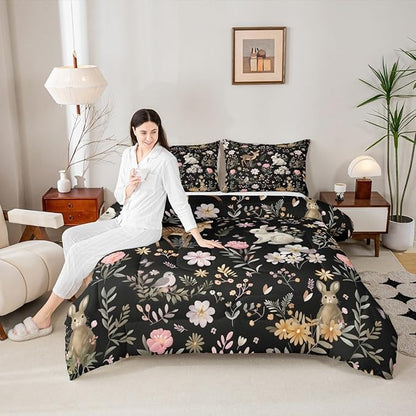 jejeloiu Cute Deer and Rabbit Comforter Set Twin Size Floral Flower Bedding Set for Kids Boys Girls Nature Plants Duvet Quilt Black Colorful Bedroom Decor Microfiber 2 Pcs with 1 Pillow Cases