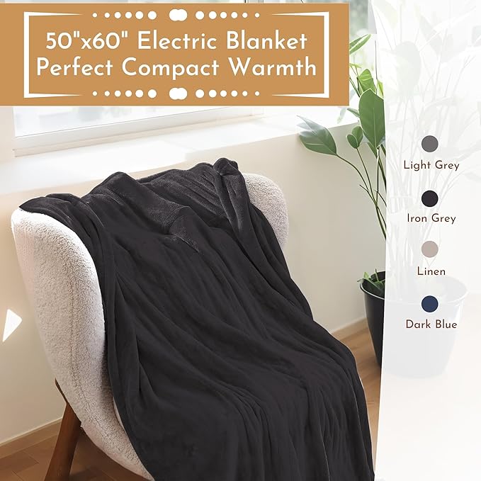 Electric Throw Blanket 50"x60" Throw Size with Cozy Microplush, 5 Heat Settings & 3 Hours Auto Off, Cozy & Warm for All Night, Machine Washable, Iron Grey
