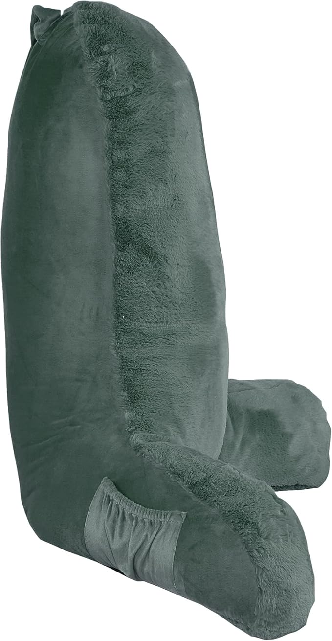 Faux Fur Assembly Need DIY Extra Large Backrest Reading Bed Rest Pillow with Arms and Pockets for Sitting in Bed Couch Sofa, Removable Cover & Filling Seprated, 28" x 30" x17", Dark Gray