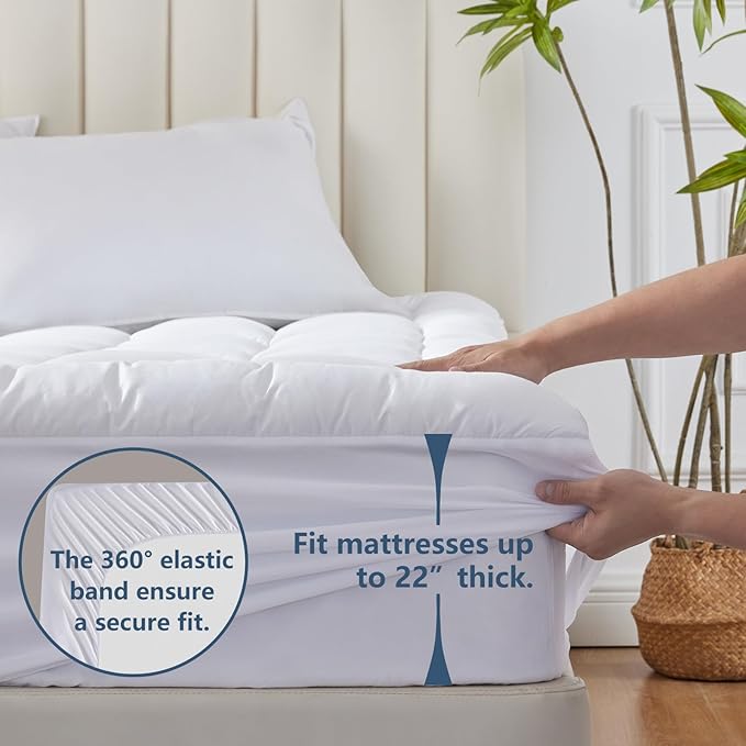 CozyLux Queen Size Mattress Pad Pillow Top Cotton Cooling Mattress Topper 8-21" Deep Pocket Mattress Cover Quilted Fitted Cooling 450GSM Mattress Protector (60x80 inch,White)
