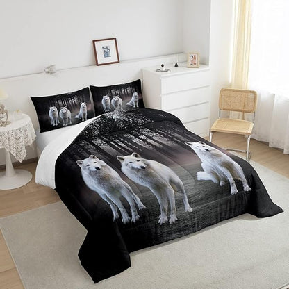 Feelyou Wolf Bedding Set Twin Size Safari Animal Pattern Comforter Set for Kids Boys Girls White Wolf Family Comforter Woodland Cool Wildlife Style Decor Quilt Set 2 Pcs