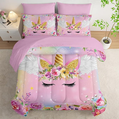 Unicorn Comforter Set Twin - 7 Pcs Floral Girls Bedding, Pink Purple Blue Girls Quilt Set, All Season Microfiber Comforter, Sheets, Pillowcases