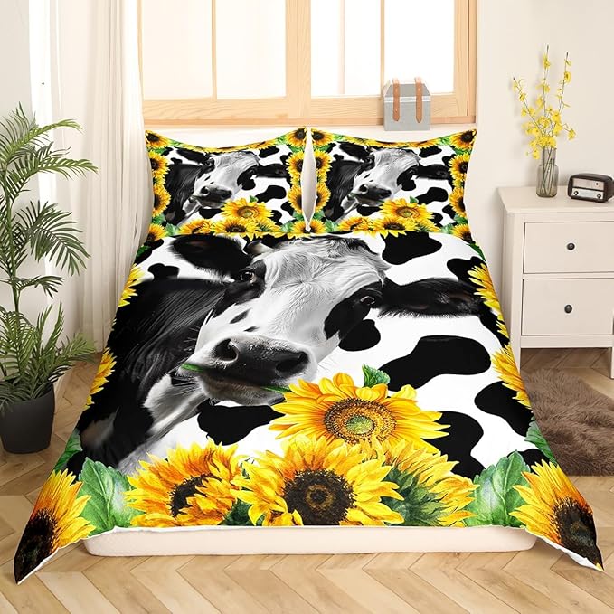 Cow Print Duvet Cover Set King Size, Black White Mike Cow and Yellow Sunfowers Pattern Bedding Set + 2 Pillowcases, Natural Floral and Animal Theme Country Farmhouse Bedspread