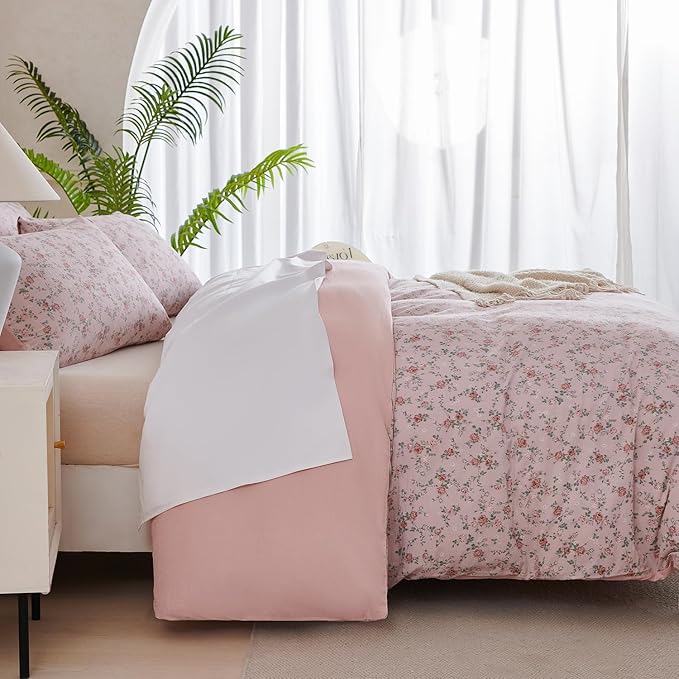 Duvet Cover Set King Floral Luxury Soft Brushed Microfiber Crinkle Gauze Fabric 3 Pieces Bedding Set Flower Pattern Duvet Cover King with Zipper Closure Breathable Comfy