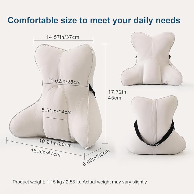 Lumbar Support Pillow – Multi-Functional Ergonomic Back Cushion for Office Chair, Car Seat & Sofa, Reading Pillow with Firm Multi-Zone Support to Relieve Lower Back Pain,Misty White