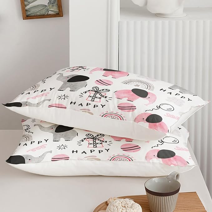 Pink Elephant Comforter Set Twin Size, Rainbow and Balloon Comforter for Kids Girls, Cute Cartoom Animal Soft Comforter Set with 1 Comforter+2 Pillowcases for Bedroom Bed Deco