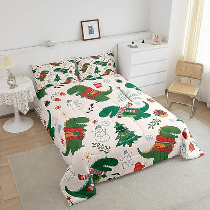 Erosebridal Cartoon Dinosaur Comforter Set for Kids Boys Girls,Xmas Dino Bedding Twin,Winter Snowman Tree Flower Comforter Sets,Merry Christmas Duvet Insert with 1 Pillowcase Bedroom Decor