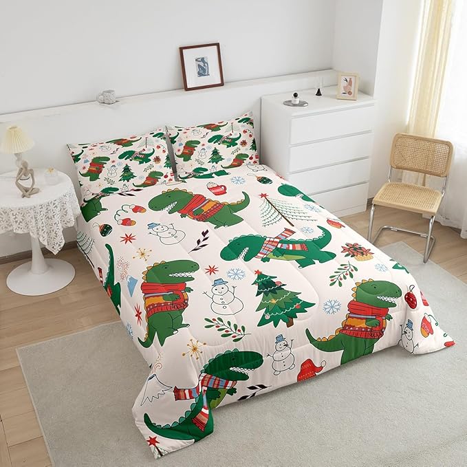 Erosebridal Cartoon Dinosaur Comforter Set for Kids Boys Girls,Xmas Dino Bedding King,Winter Snowman Tree Flower Comforter Sets,Merry Christmas Duvet Insert with 2 Pillowcases Bedroom Decor