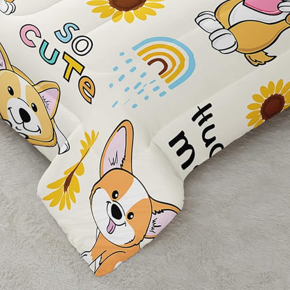 Kawaii Cartoon Corgi Dog Animal Themed Comforter 3Pcs Full Yellow Sunflower Rainbow Bedding Set for Kid Teen Girl Boy Adult So Cute Pet Dog Quilt Bed Decor with 1 Comforter and 2 Pillowcases