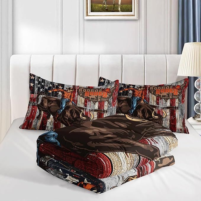 Western Cowboy Comforter Set Vintage American Bedding Set with 1 Comforter and 2 Pillowcases for Boys and Girls Bedroom All Season(Cowboy Queen)