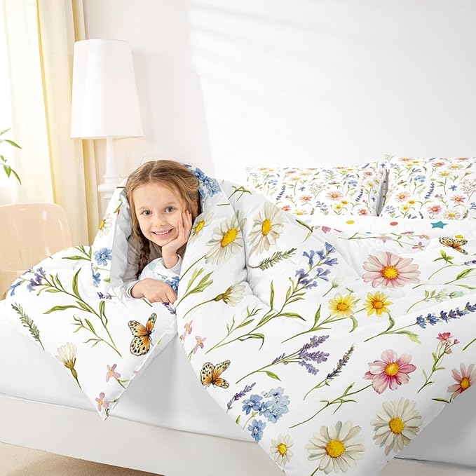 Erosebridal Wildflower King Bedding Set for Girls,Cute Boho Floral Comforter Set for Kids Women,Colorful Flower Butterfly Bed Set,Bohemian Country Flowers Room Decor with 2 Pillowcases