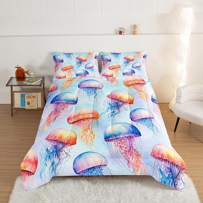 HOSIMA Jellyfish Pattern Comforter Sets King Size,Fantasy Marine life Bedding Set,Watercolor Ocean Animals Comforter Sets for Kids Boys Girls Room Decor with 2 Pillowcases.