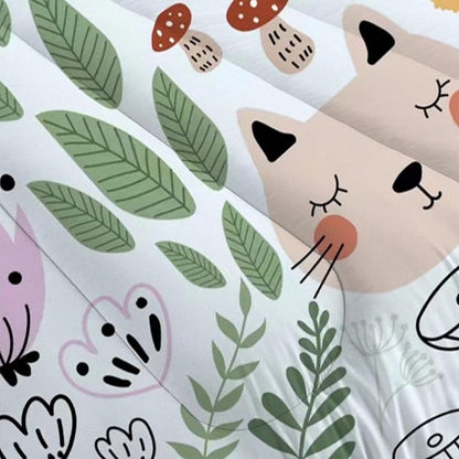 Floral Cat Bedding Full Size Cartoon Cats Comforter Set for Girls Boys Kids Teen Children Green Animals Print Bedroom Dorm Quilt 1 Comforter + 2 Pillow Cases