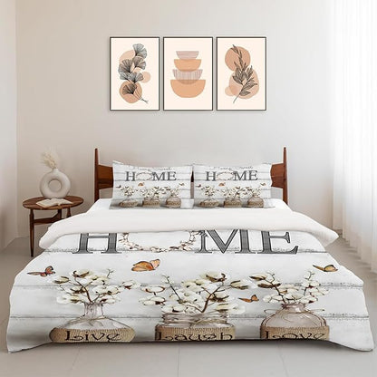 Cotton Flower Theme 3 Pieces Duvet Cover Comforter Set with 2 Pillowcase Queen Size White Floral Bed Sheet Quilt Bedroom Bedding for Lover Kids