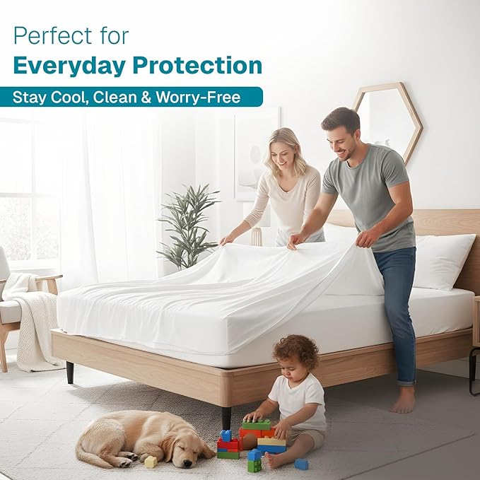 Fabdreams King Organic Cotton Mattress Protector, Waterproof, 78x82+17in, GOTS Certified, Temperature Regulating, Breathable, White