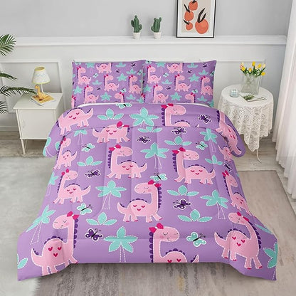 Axolotl Cute Dinosaur Comforter Set Queen Size,Girls Bedding Cartoon Dinosaur Bedding Set for Girls Teens Kids Boys Adults Room Decor,Kids Comforter Set All Season,1 Quilt 2 Pillow Cases,Purple