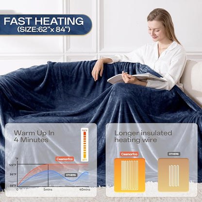 Heated Blanket Twin Size, Electric Blanket with 1-10 hrs Timer Auto-Off & 8 Heating Levels, Double-Layer Flannel Heating Blanket with ETL Certification Machine Washable (62”x 84”, Navy Blue)