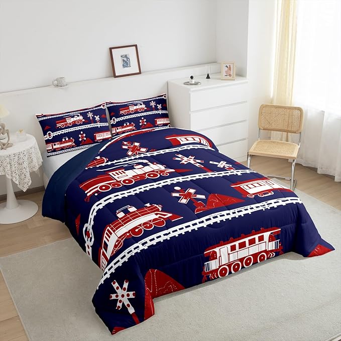 Erosebridal Train Comforter Set Cartoon Car Toddler Bedding, Traffic Transportation Track Comforter for Kids Teens Vintage Steam Engine Railway Decor Quilt Set Room Full 3Pcs, Navy Blue Red White