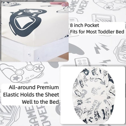 SDIII 4 Piece Gamer Toddler Bedding Set, Soft Microfiber Gaming Toddler Bedding Sets for Boys with Comforter, Fitted Sheet, Flat Sheet and Pillowcase