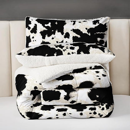 QOOMO Cow Stripes Sherpa Fleece Bedding Comforter Set Full Size 3 Pcs, Fluffy Warm Animal Texture Printing Comforter for Winter with 2 Pillow Shams, Flannel Thick Bedding Set