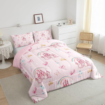 jejeloiu Pink Castle Bedding Set Full Size Cute Rainbow Comforter Set for Kids Adult Boys Girls Butterfly Crown Duvet Set Balloon Quilt Set 3Pcs