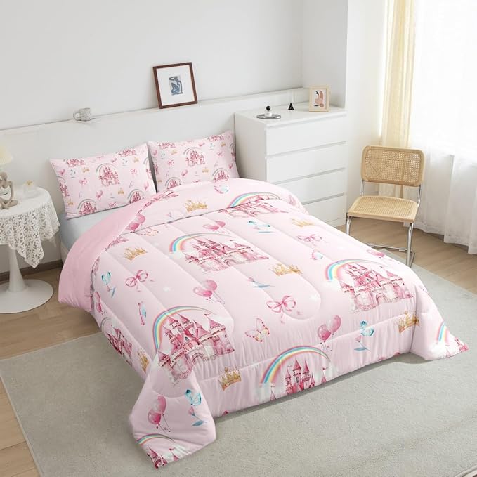 jejeloiu Pink Castle Bedding Set Toddle Size Cute Rainbow Comforter Set for Kids Adult Boys Girls Butterfly Crown Duvet Set Balloon Quilt Set 2Pcs
